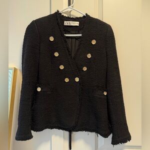 Zara Black Textured Double-Breasted Blazer